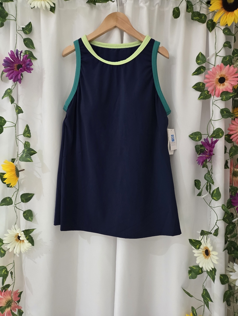 Lands' End Womens' Navy Tank Swim Top with Lime & Teal Trim Size M(10-12) NEW